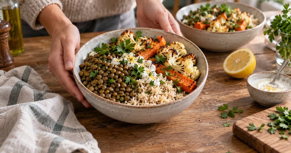 Un bol de lentilles vertes, riz, carottes et chou-fleur rôtis, avec persil et sauce au yaourt.