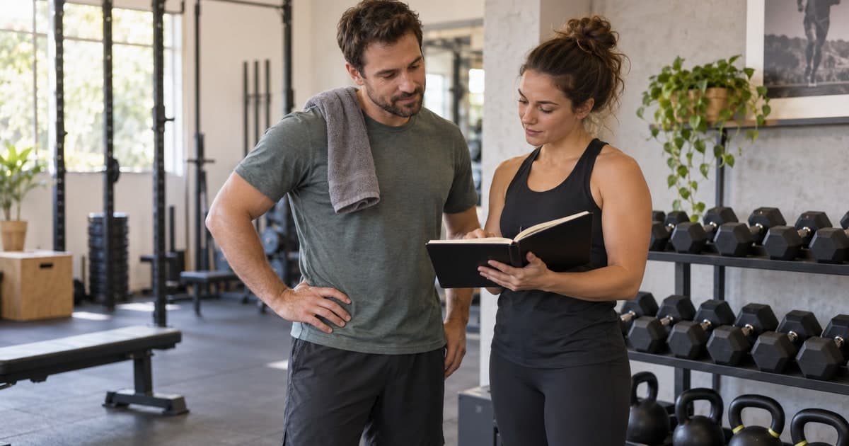 Un pratiquant échange avec une entraîneuse autour d’un carnet dans une salle de musculation.