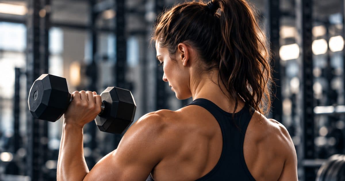 Femme s’entraînant avec des haltères dans une salle de sport.