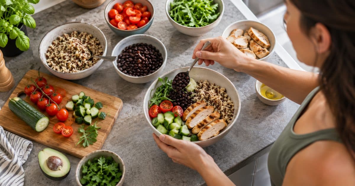 Assemblage d’un repas avec du poulet, du quinoa, des haricots et des légumes.