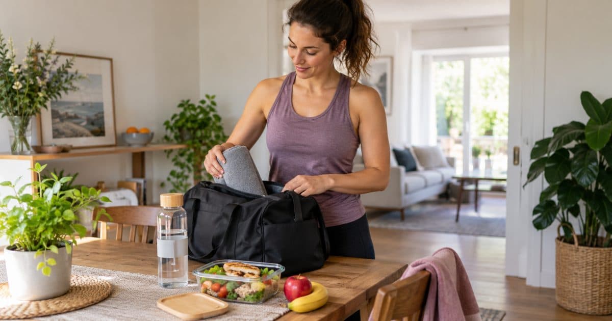 Femme préparant son sac de sport et un repas pour sa journée.