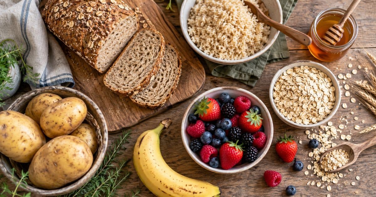 Fruits, céréales et autres aliments apportant des glucides.