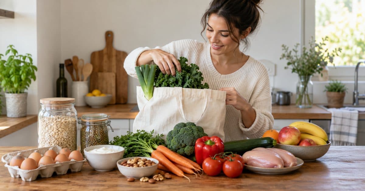 Produits frais, œufs, céréales et légumes sur un plan de travail.