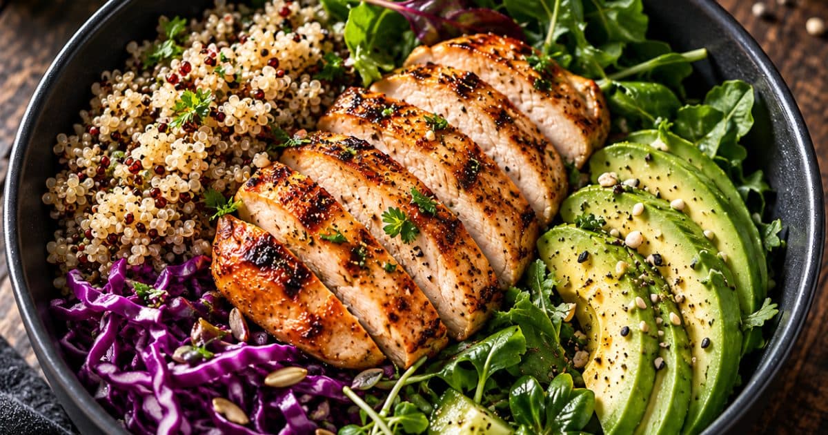 Repas composé de poulet, de céréales et de légumes.