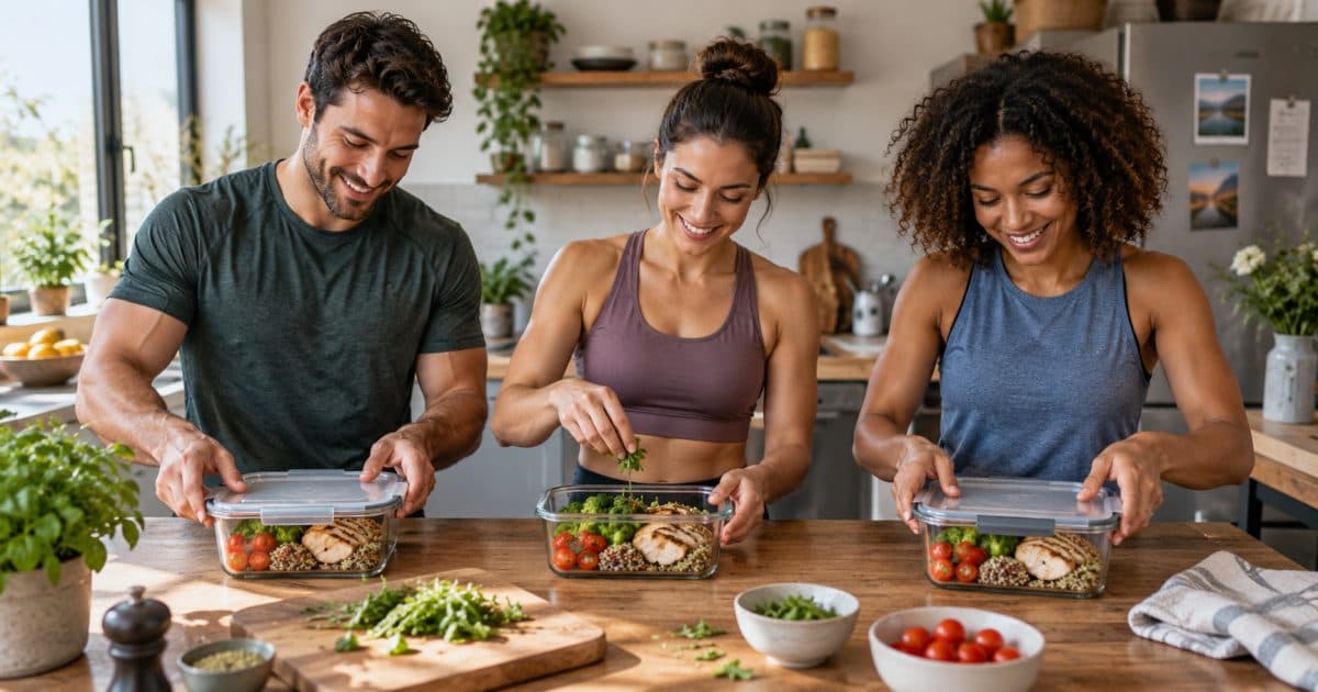 Trois boîtes de repas avec du poulet, du quinoa et des légumes.