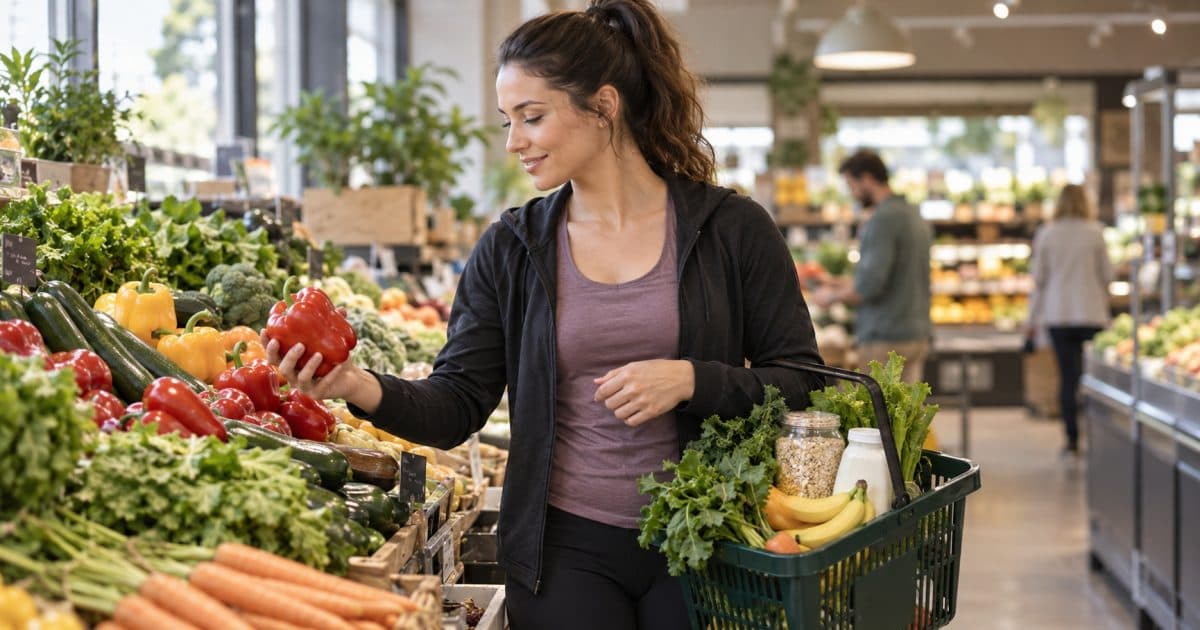 Femme choisissant des légumes au rayon frais d’un magasin.