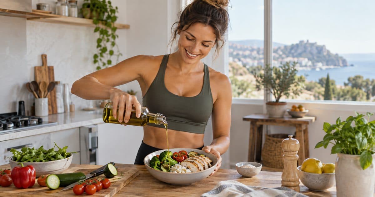 Sportive préparant un repas composé de poulet, de riz et de légumes.
