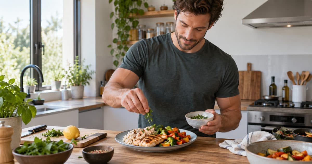 Préparation d’un repas de poulet, riz et légumes.