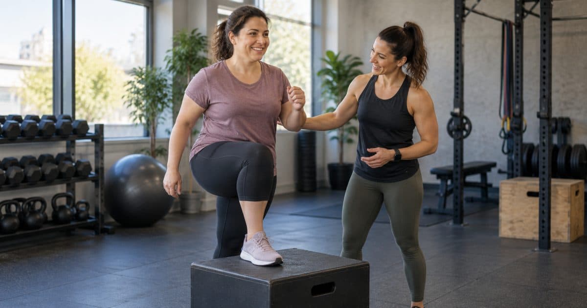 Débutante réalisant une montée sur un step avec une entraîneuse.