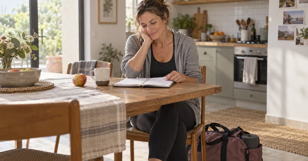 Une femme consulte son carnet à la table de sa cuisine, son sac de sport posé à côté.