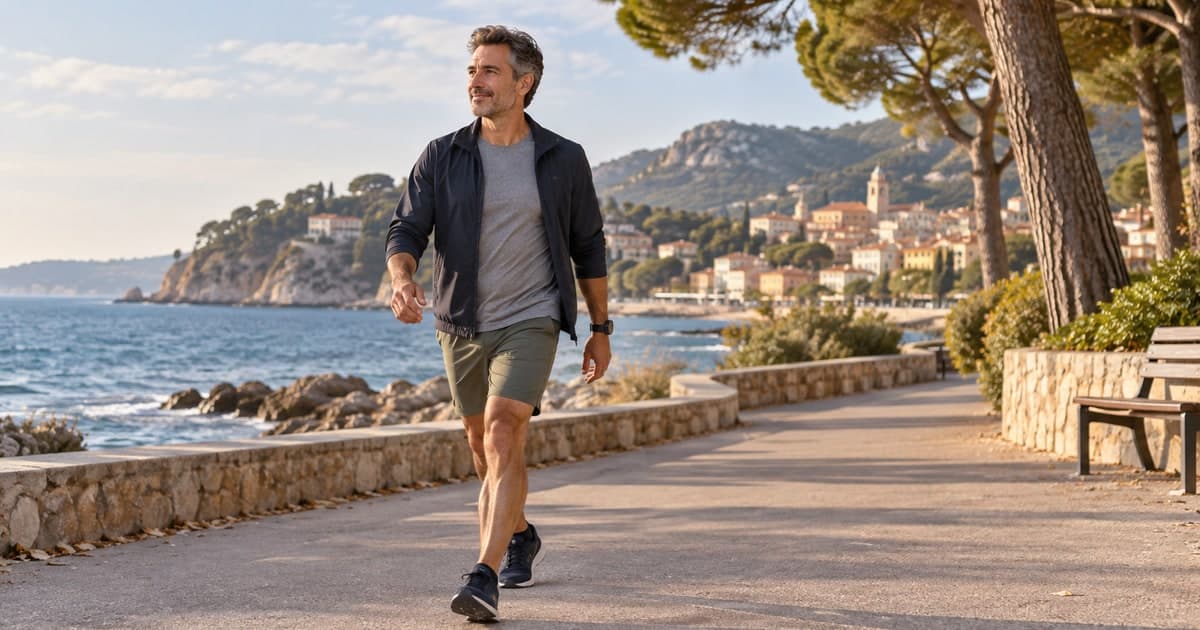 Un homme marche d’un pas actif sur une promenade méditerranéenne bordée de pins.