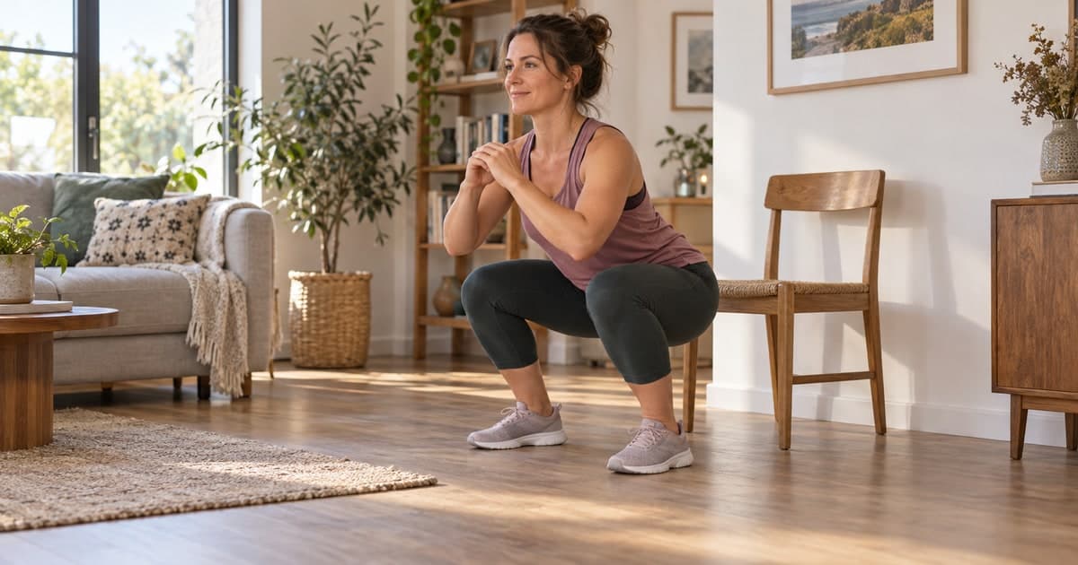 Une femme effectue une flexion des jambes au poids du corps dans son salon.