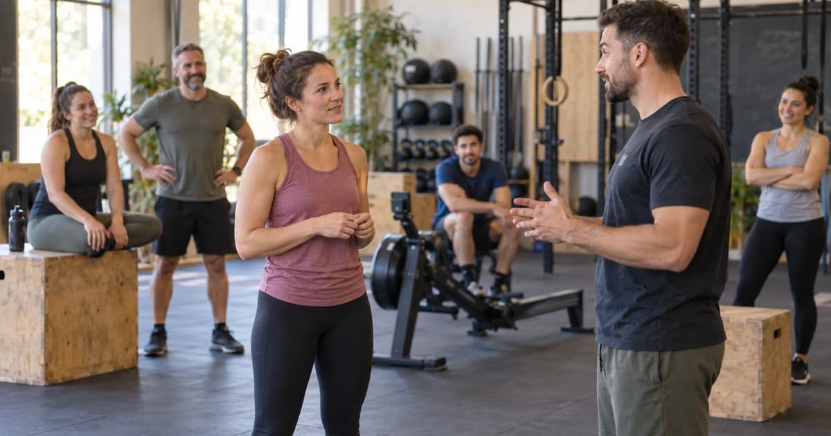 Une nouvelle participante écoute un entraîneur dans une salle de fitness fonctionnel.
