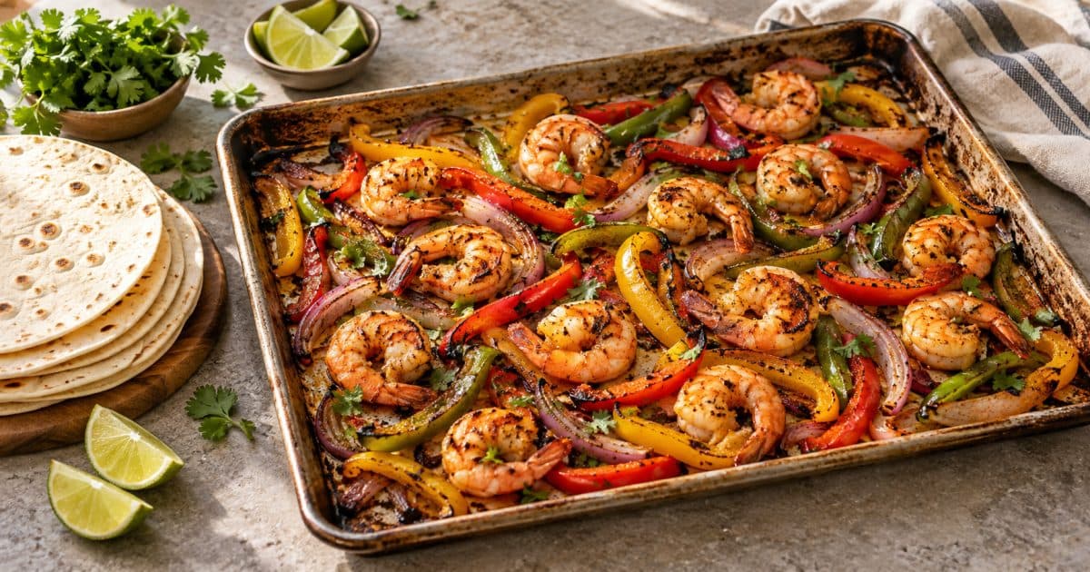 Crevettes, poivrons et oignons rôtis, accompagnés de tortillas et de citron vert.