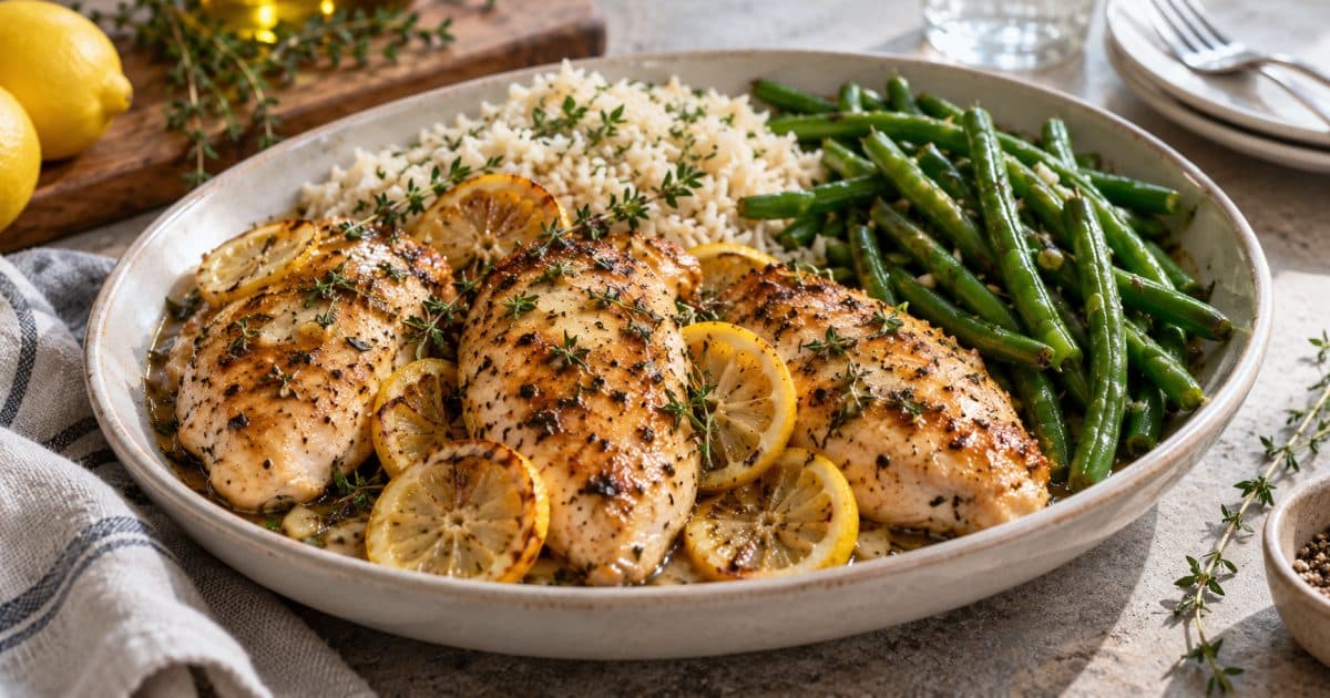 Poulet grillé au citron et au thym avec du riz et des haricots verts.