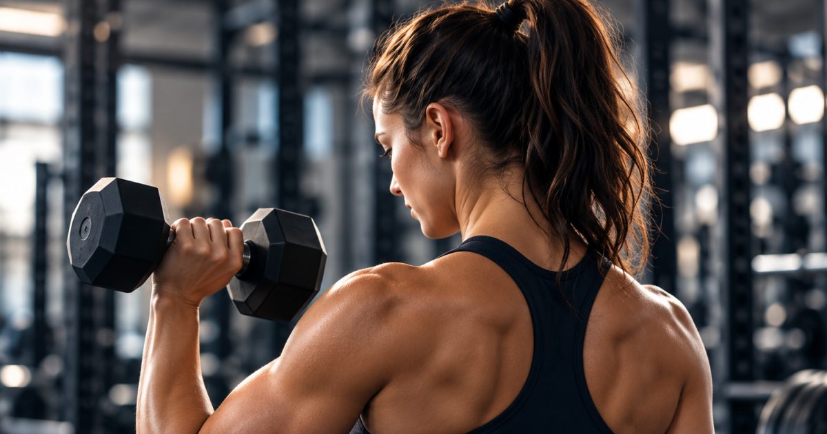 Femme s’entraînant avec des haltères dans une salle de sport.