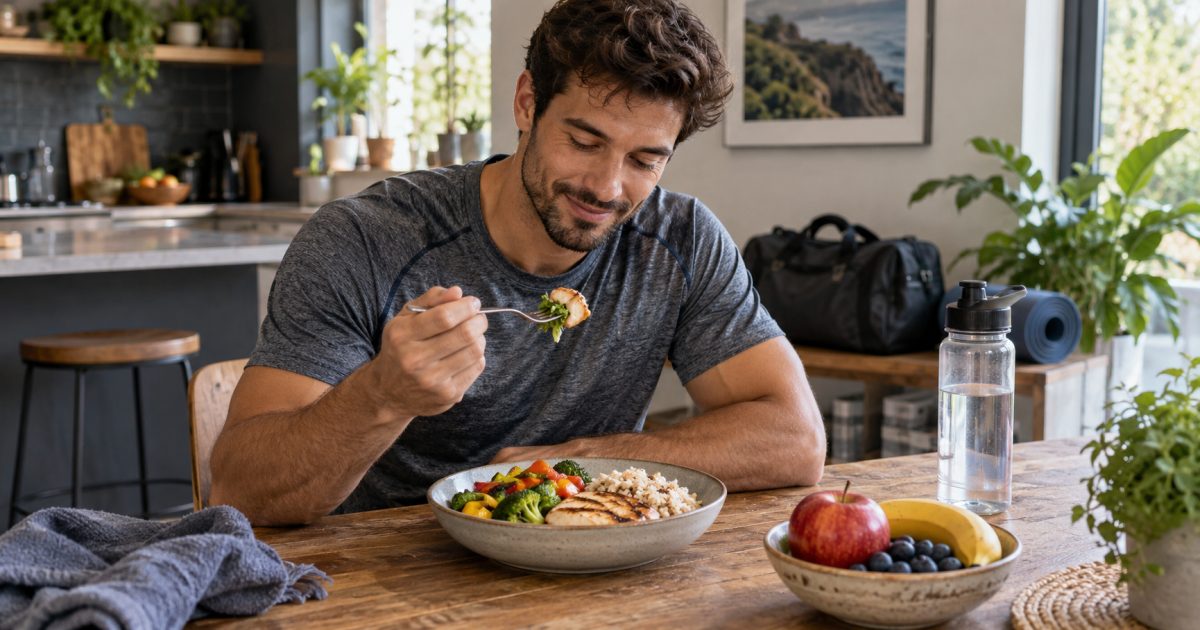 Sportif prenant un repas complet après son entraînement.
