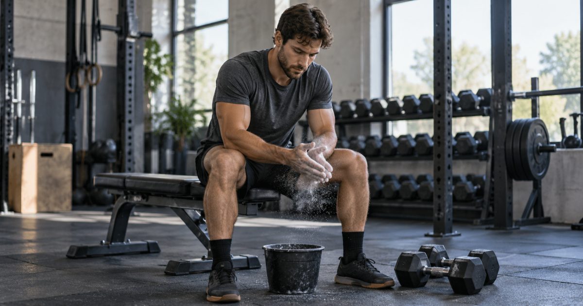 Athlète préparant ses mains avant une série de musculation.