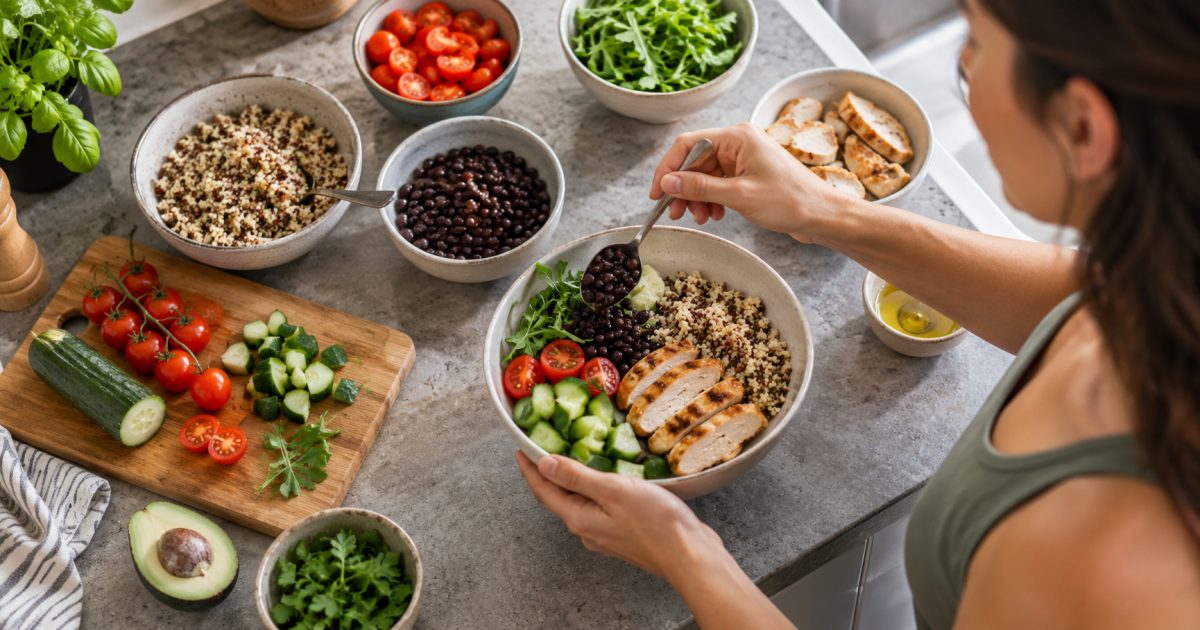 Assemblage d’un repas avec du poulet, du quinoa, des haricots et des légumes.
