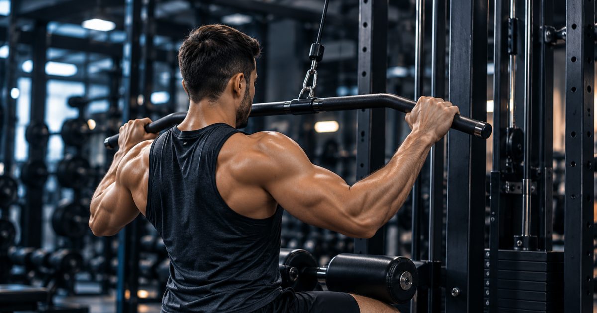 Homme réalisant un tirage vertical sur une machine de musculation.