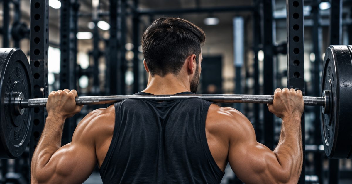 Homme vu de dos, tenant une barre sur les épaules dans une cage de musculation.
