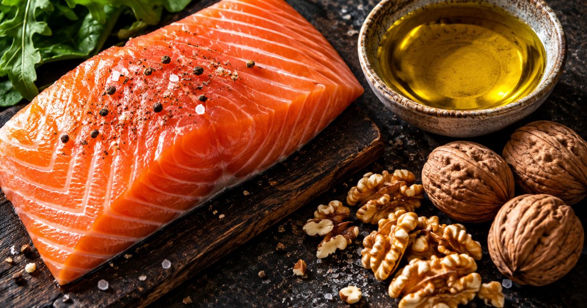 Aliments sources de lipides, poisson, noix et huiles.