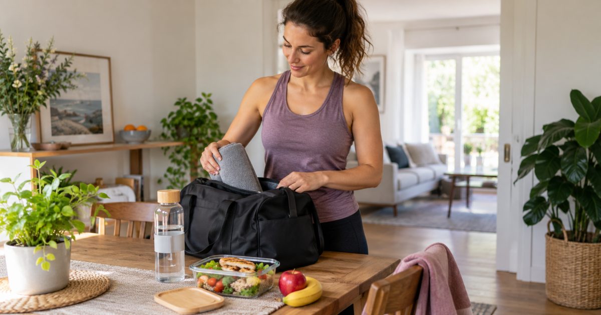 Femme préparant son sac de sport et un repas pour sa journée.