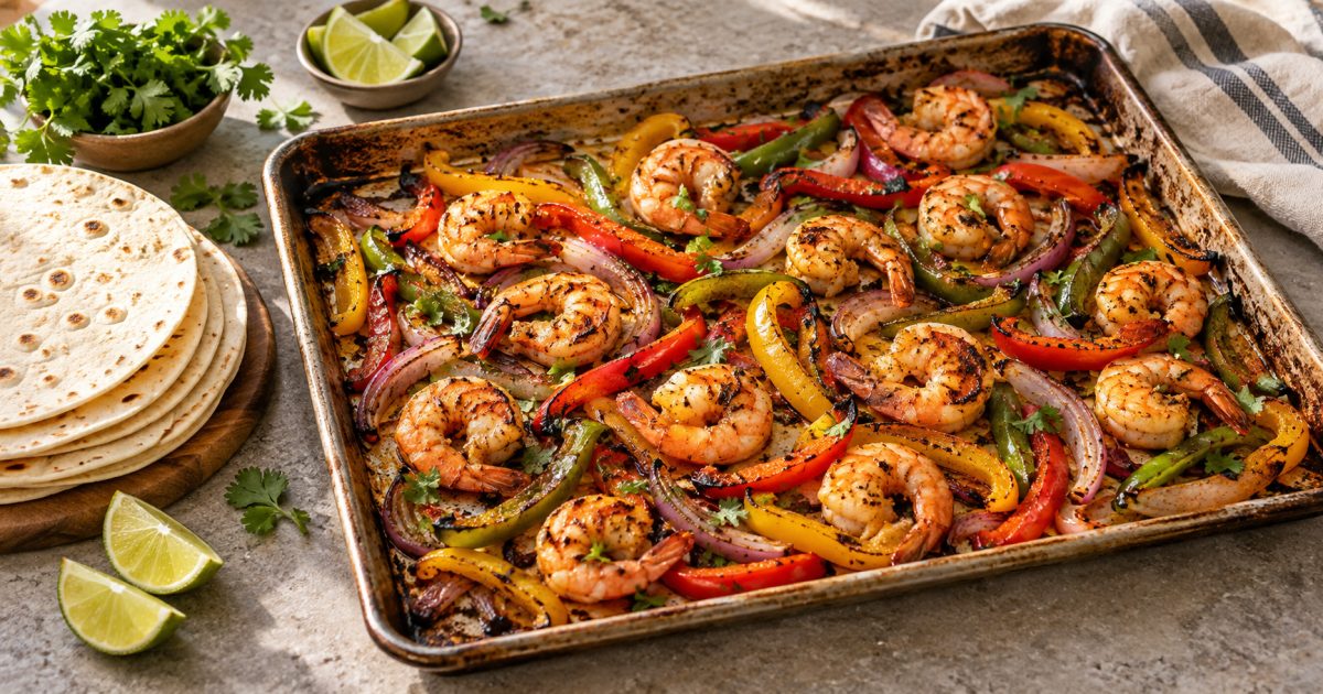 Crevettes, poivrons et oignons rôtis, accompagnés de tortillas et de citron vert.