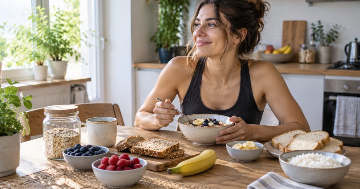 Pain, céréales, légumineuses et fruits pour illustrer les glucides.