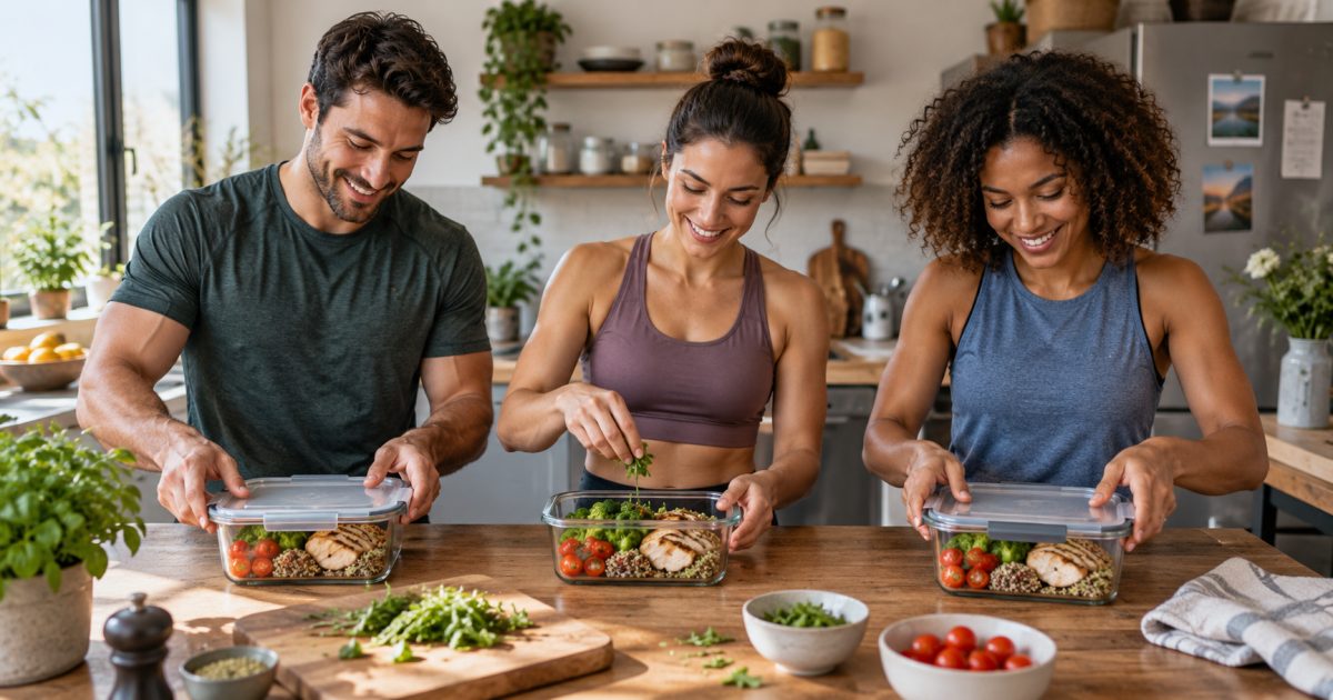 Trois boîtes de repas avec du poulet, du quinoa et des légumes.