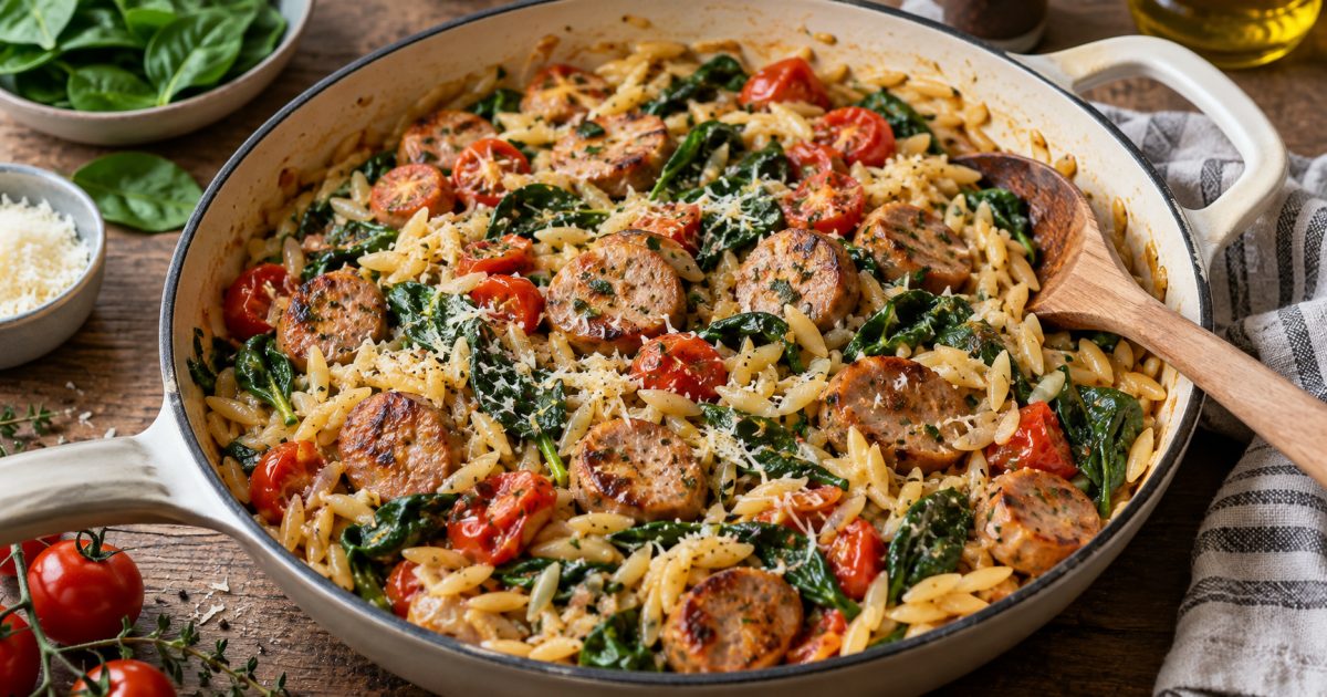 Poêlée d’orzo aux saucisses de poulet et aux légumes.