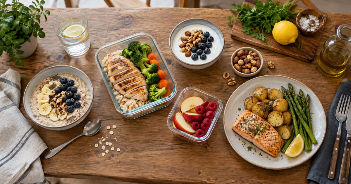 Repas variés préparés pour une journée d’alimentation sportive.