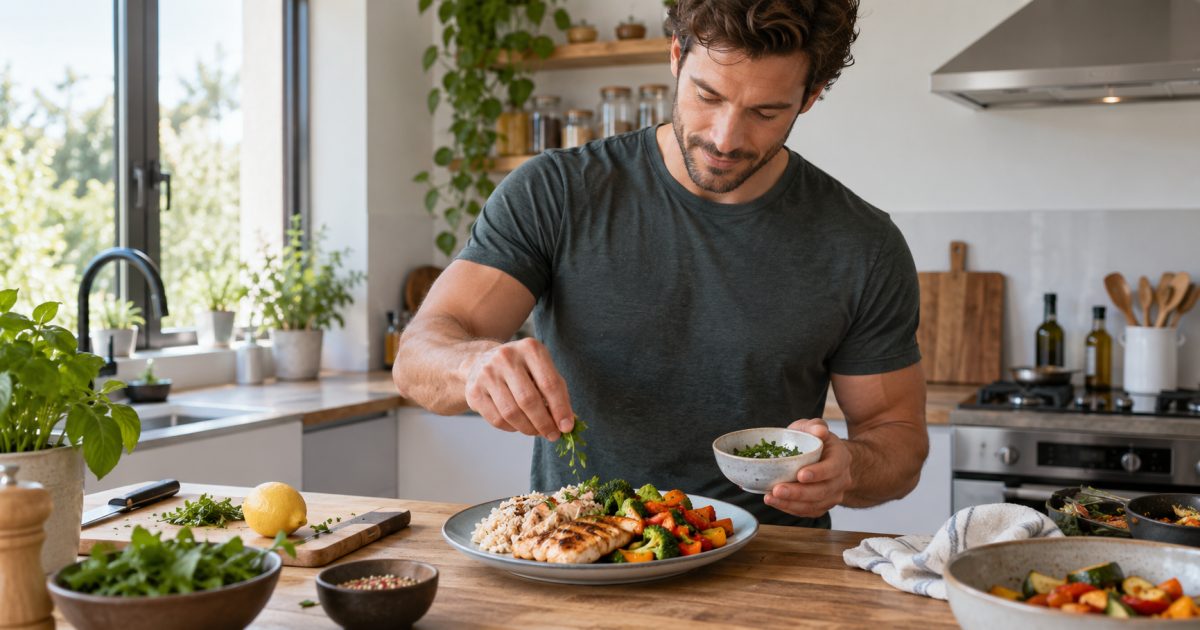 Préparation d’un repas de poulet, riz et légumes.