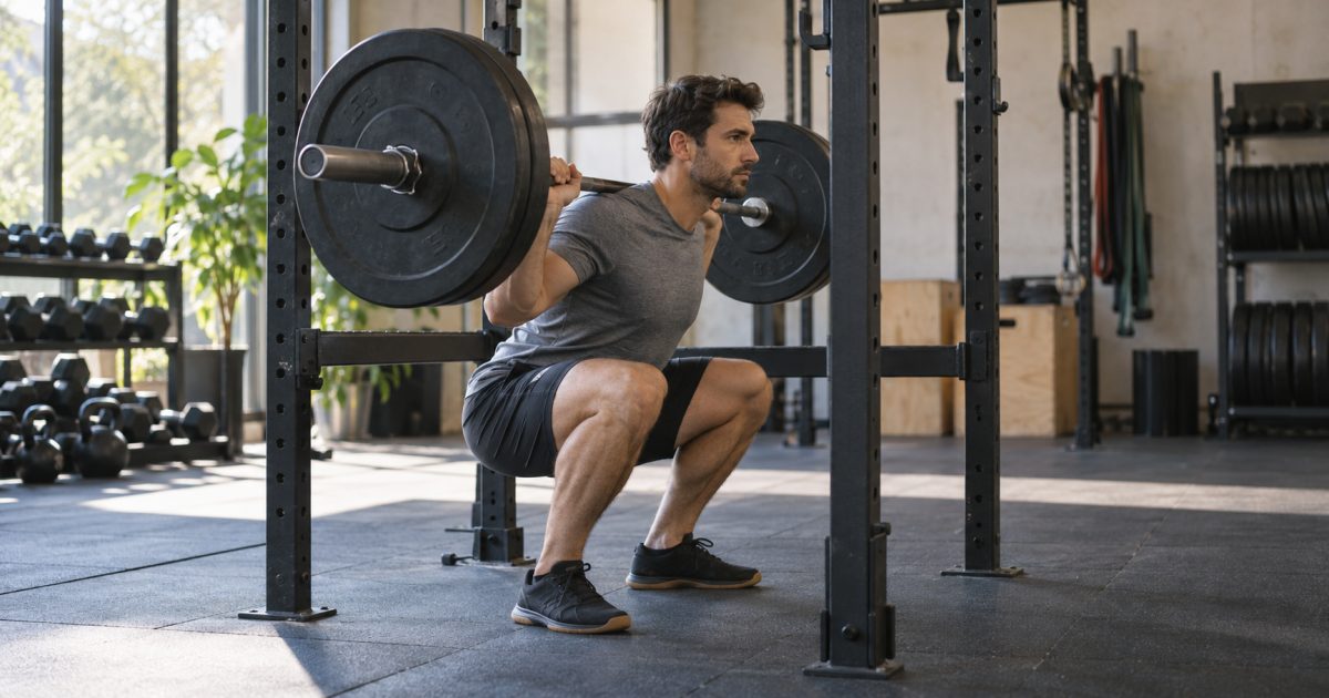 Homme réalisant un squat à la barre dans une cage de musculation.