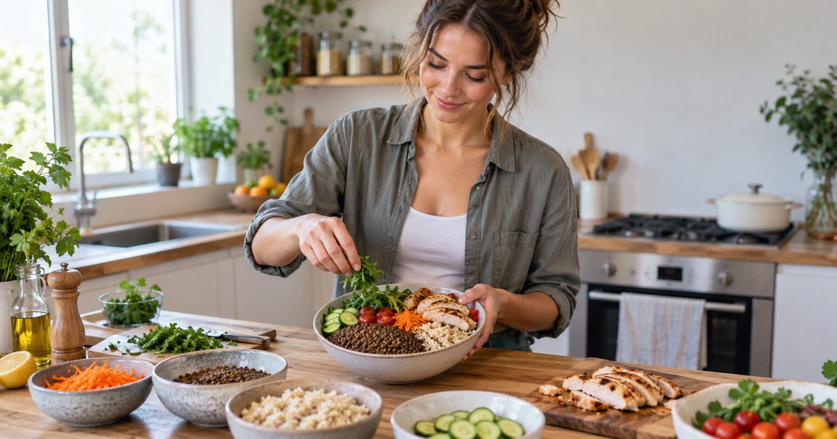 Préparation d’un repas équilibré dans une cuisine.