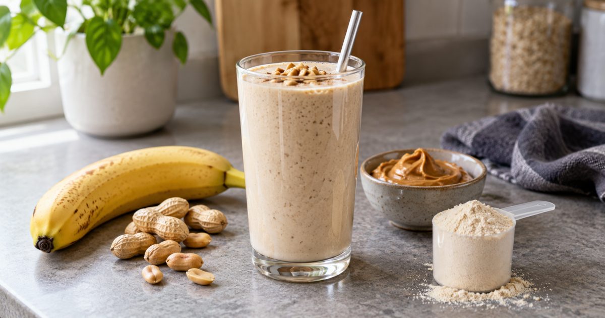 Shake à la banane, au beurre de cacahuète et aux protéines.