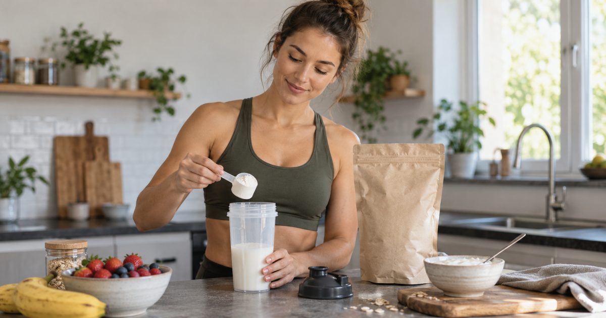 Dose de poudre protéinée et shaker sans marque.