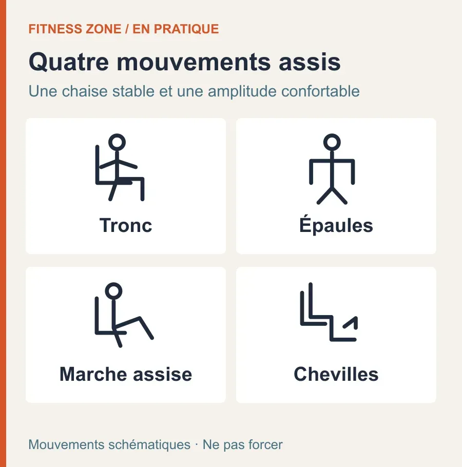 Pictogrammes de quatre mouvements assis : rotation du tronc, épaules, marche assise et chevilles.