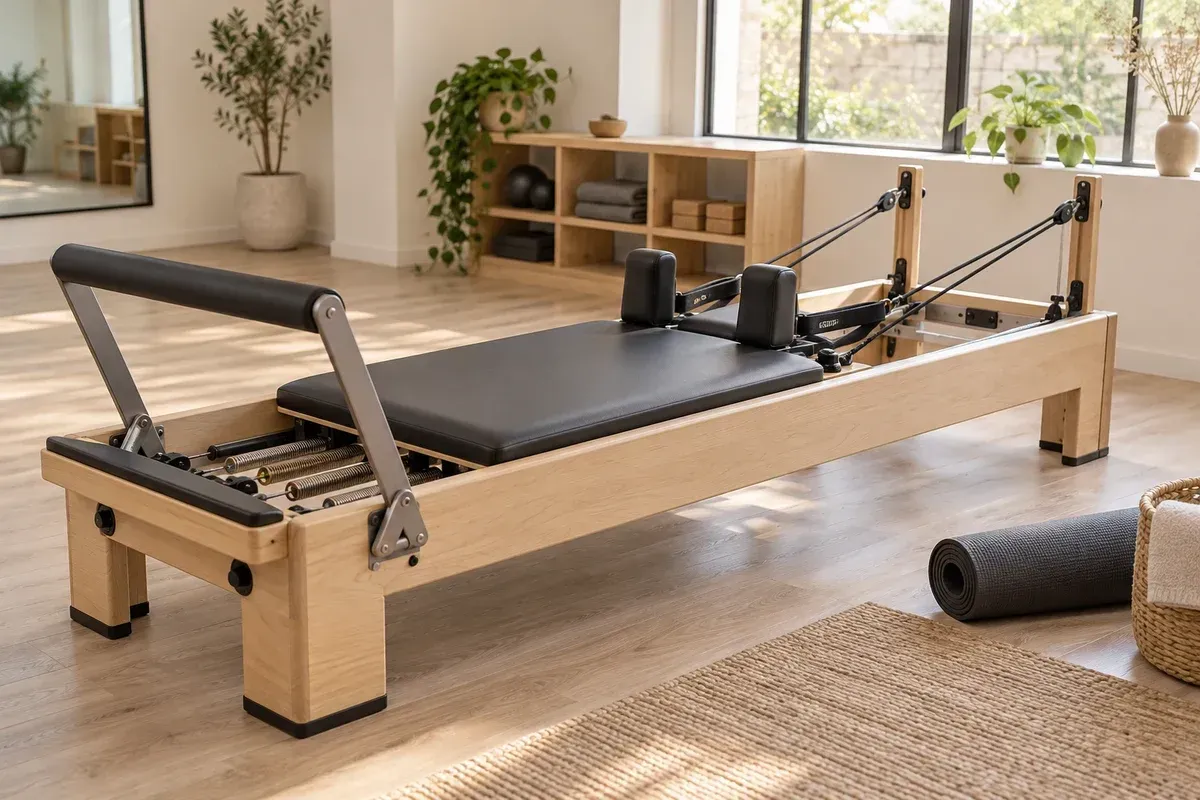 Un reformer de Pilates vide avec chariot, ressorts, sangles et barre d’appui.