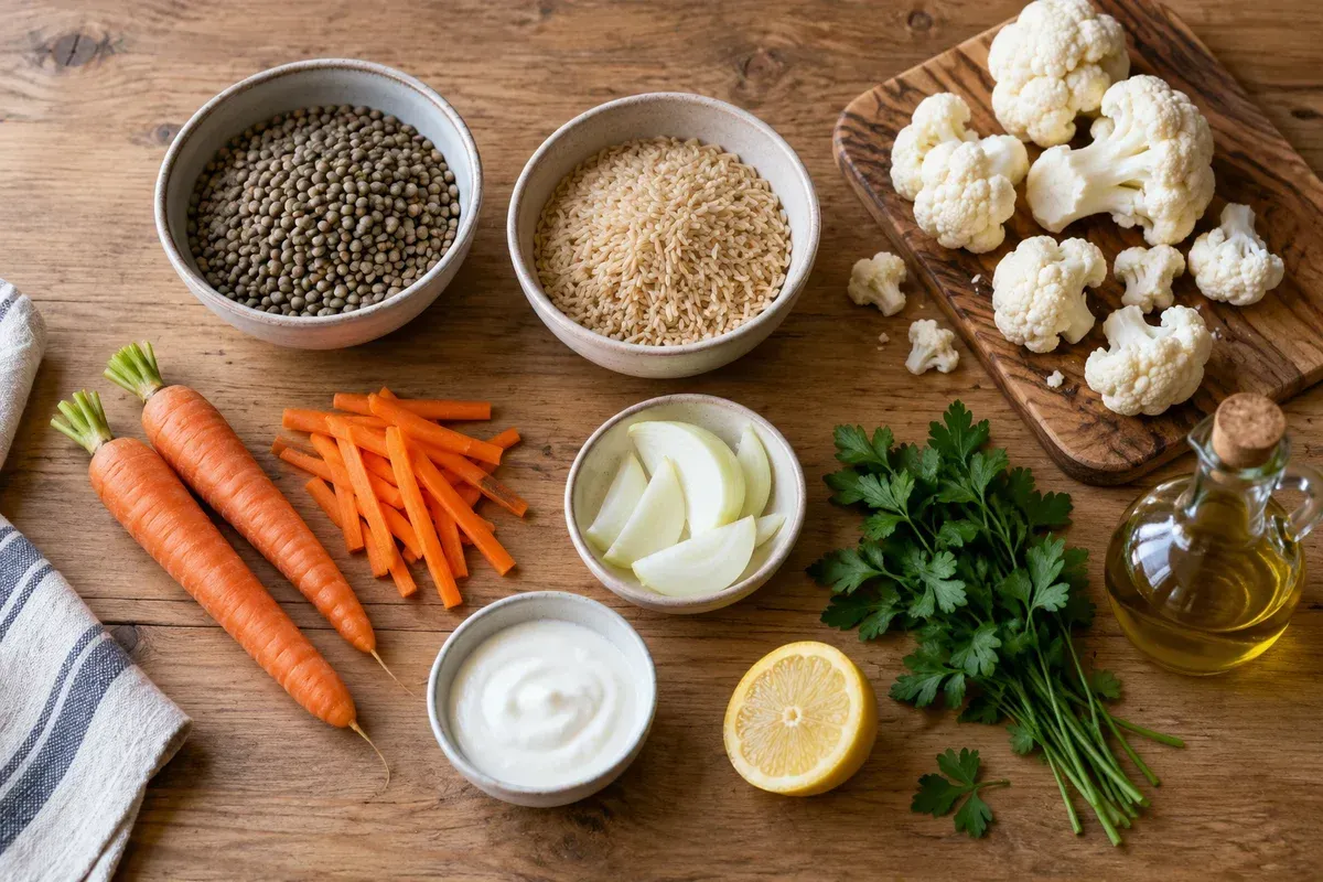 Lentilles sèches, riz, carottes, chou-fleur, oignon, yaourt, citron, persil et huile avant cuisson.